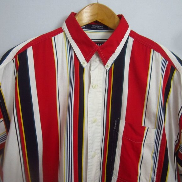 VTG Chaps Mens L Red Navy Yellow Ivory Striped 100% Cotton SS Shirt Nautical - Picture 1 of 10
